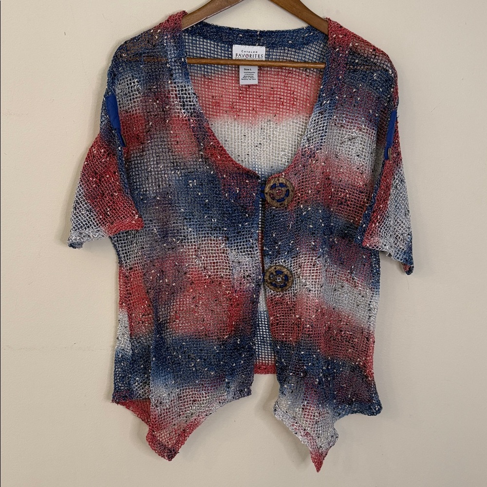 Catalog Favorites Red Blue boho mesh Knit Top with wood buttons scoop neck SZ LG